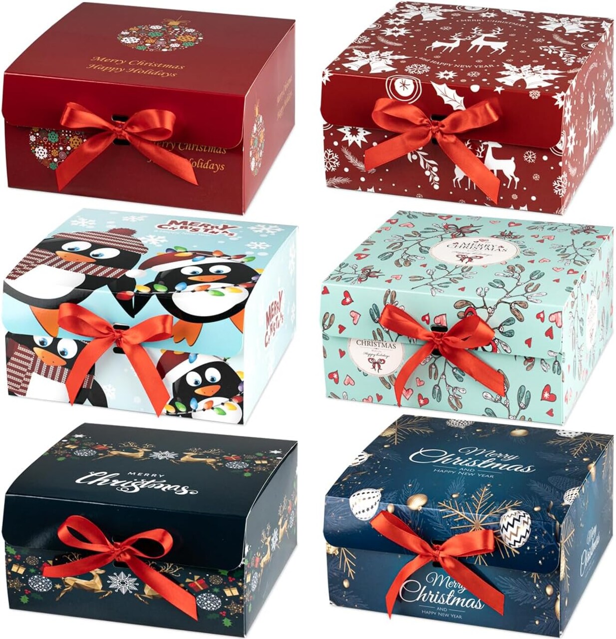Christmas Gift Boxes with Lids, 6 Pack Gift Boxes and Red Ribbon Christmas Themed Pattern Small Gift Boxes for Christmas Presents Gifts Easy Assemble